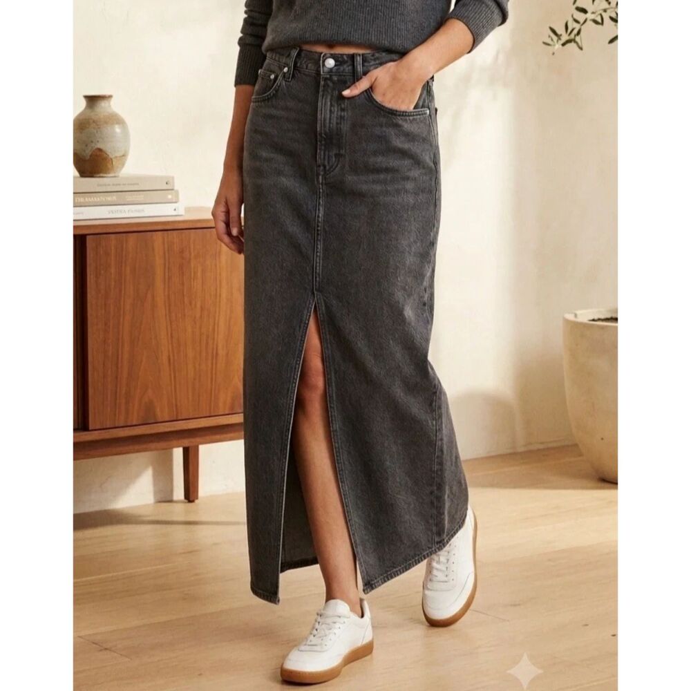 AGOLDE womens leif denim maxi skirt sz 34 black made in usa front slit New